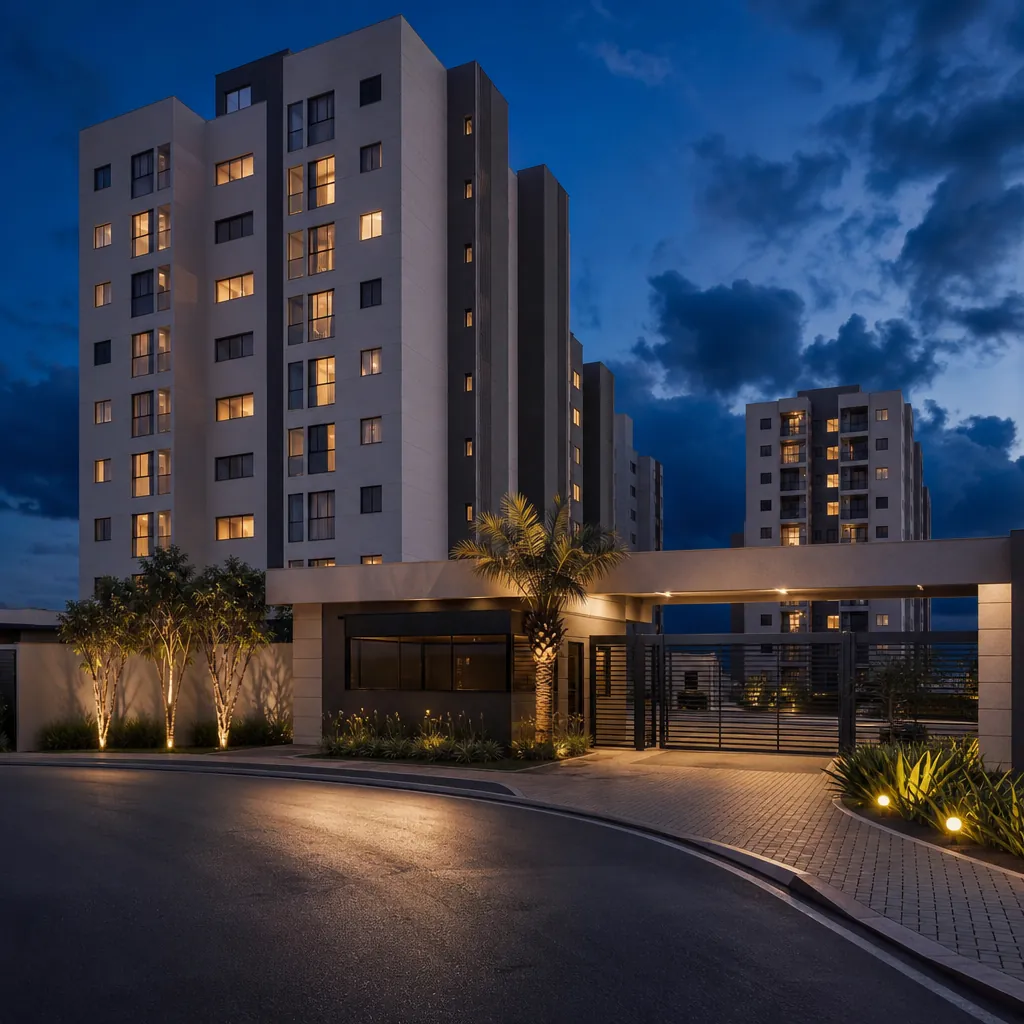 Condomínio residencial com portaria e áreas comuns iluminadas