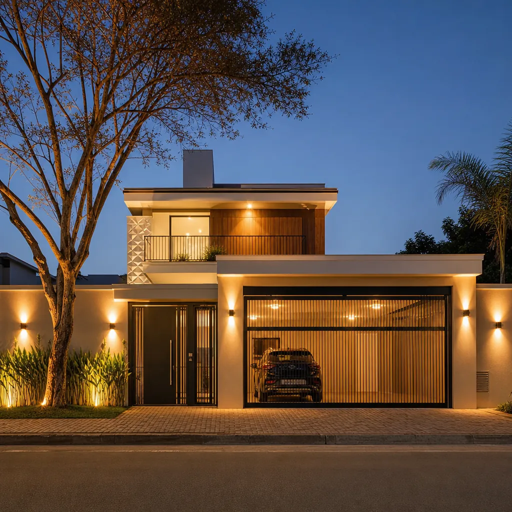 Casa residencial contemporânea iluminada ao anoitecer