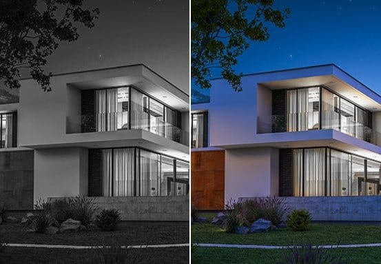 Comparação ilustrativa de uma residência à noite: imagem convencional em preto e branco e imagem colorida em baixa luminosidade